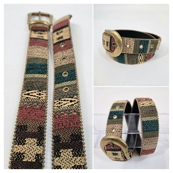 Vintage Multicolor Southwestern Tapestry Belt Brass Buckle & Bead Trim Sz Small - Picture 1 of 9